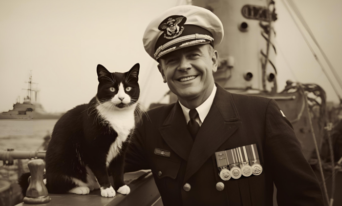 A captain in uniform stands with a Dickin Medal-winning cat aboard HMS Amethyst, showcasing their bond on the ship.