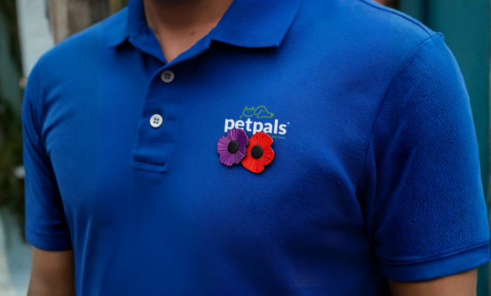 Petpals petcarer in a royal blue polo shirt with red and purple poppies for Remembrance Sunday.