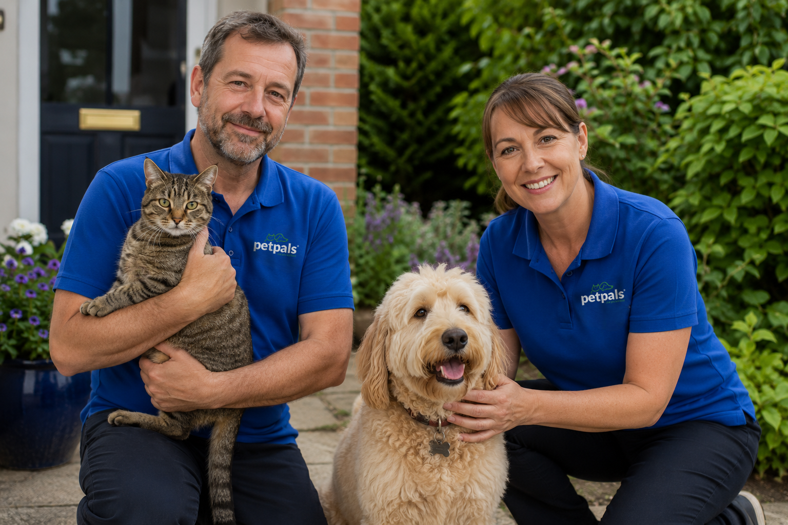 A couple at home with their cat and dog