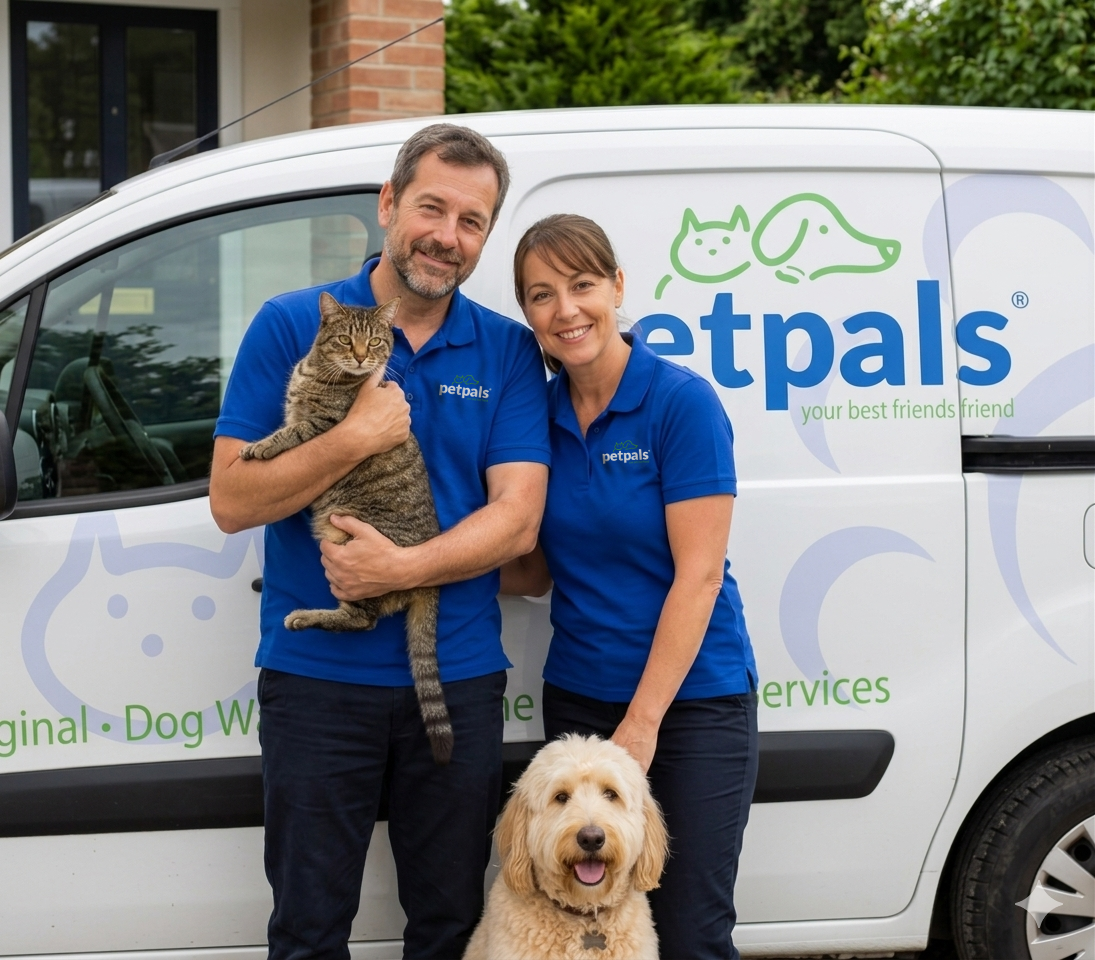 A Petpals franchisee couple with their branded van, cat and dog