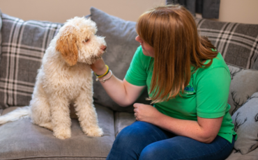 A woman in a green Petpals shirt gently pets a white dog, smiling as they share a moment together outdoors.