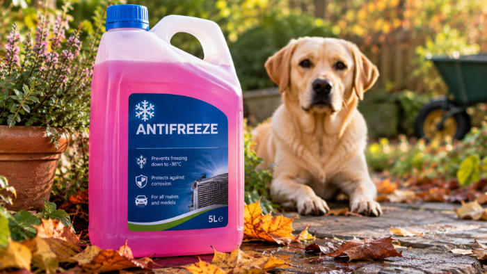 Dog in garden with Antifreeze on ground