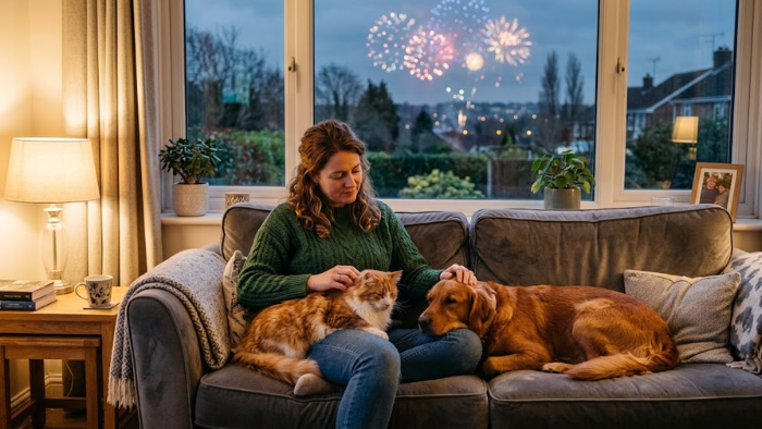 Dog and cat relaxing safely indoors during fireworks