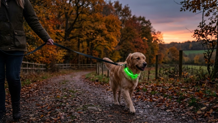 Dog wearing reflective equipment on an autumn evening walk