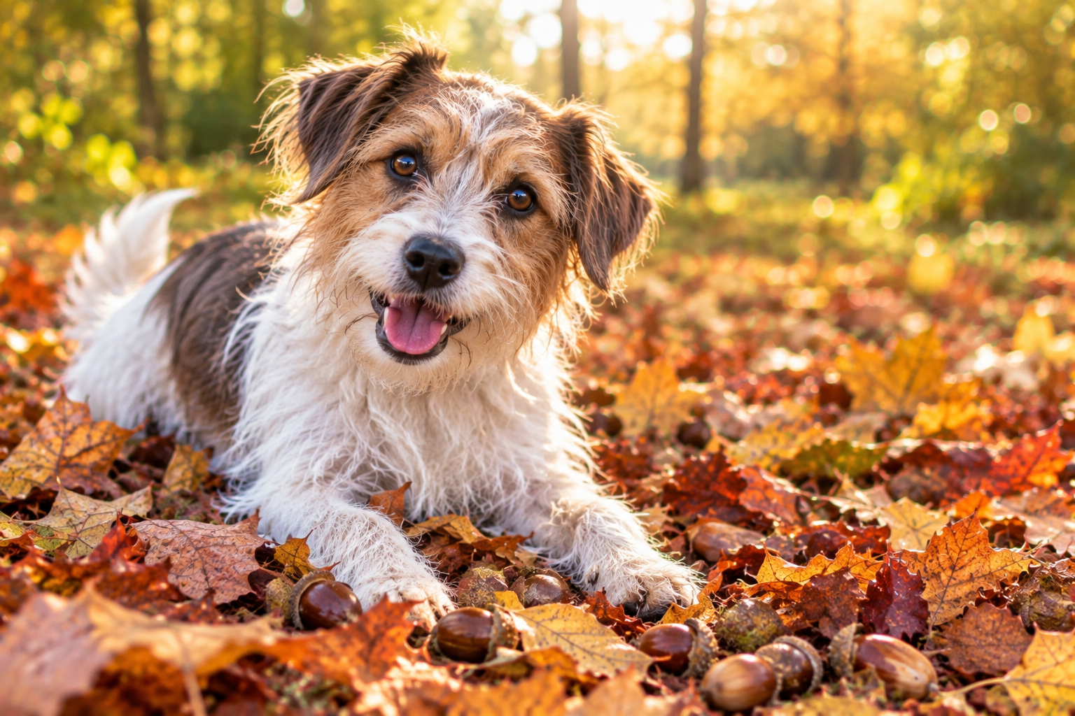 Dog exploring fallen leaves and acorns