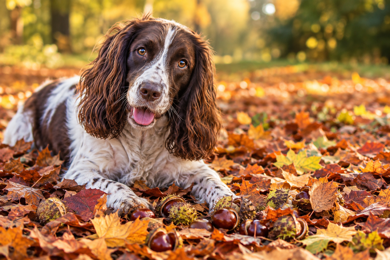 Dog near fallen conkers during an autumn walk